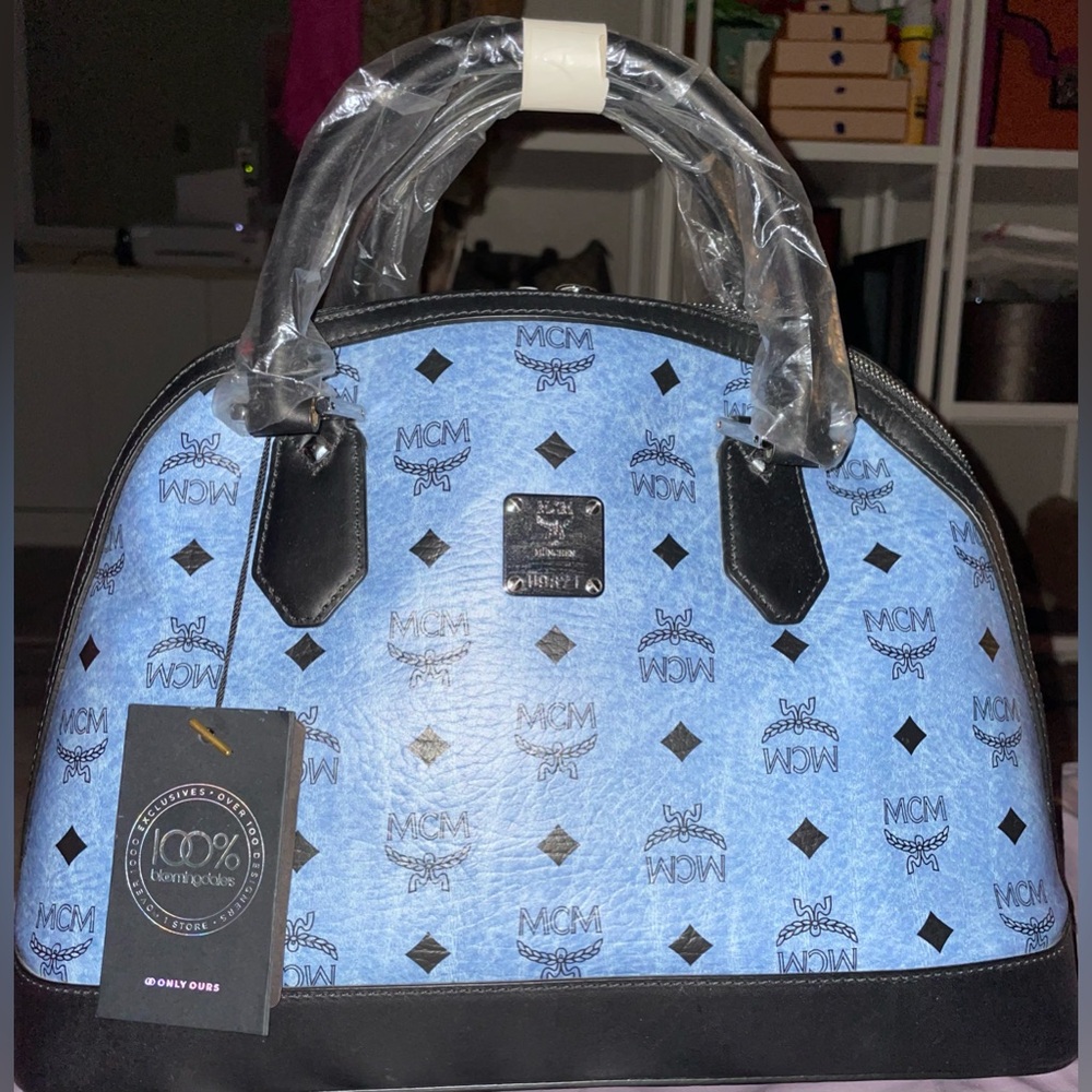 MCM SIGNATURE LEATHER DOMED TOP HANDLE SATCHEL HANDBAG PURSE DENIM BLUE BLACK